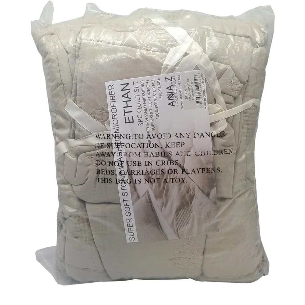 Feather Grey Super Soft Stone Washed Microfiber Ethan 3 pc Quilt‎ Set QUEEN SIZE